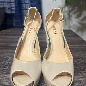 GUESS Cream Patent Peep-Toe Slingback Heels
